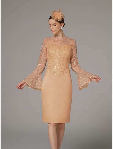  Etuikleid Mutter der Braut Kleid elegant Vintage luxuriös Rundhalsausschnitt knielang Satin Spitze lange Ärmel wadenlang mit Applikationen 2025