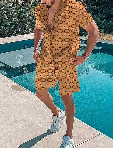  Herren Druck 2St Hemden-Sets Hemd Kurzarm Kurze Hosen Umlegekragen Urlaub Lässig Lässig Urlaubskleidung 3D-Druck Sommer Rubinrot Schwarz Gelb