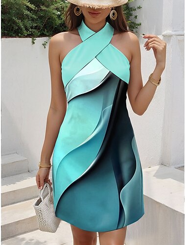  Damen Minikleid T-Shirt-Kleid Sommerkleid A Linie Kleid Urlaub Lässig Ausgehen Normale Passform Ombre Grafik Geometrisch Ärmellos Neckholder Rosa Blau Purpur Grün Sommer