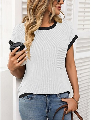  T-shirt femme de couleur unie Uni Mode Moderne Décontracté Manches courtes Col rond Hauts réguliers Quotidien Week-end Blanc Rose Vert armée Rouge Été