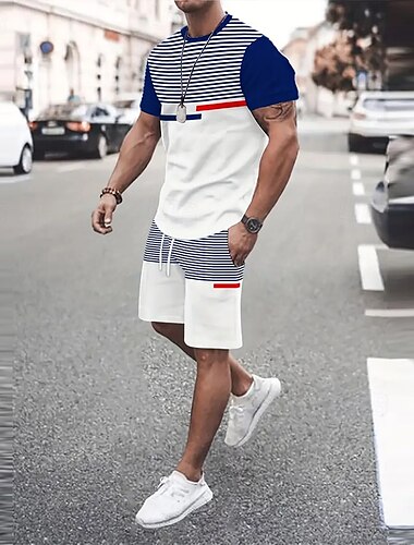  Herren Horizontale Streifen 2St T-Shirts-Sets Sommeroberteile Kurzarm Kurze Hosen Rundhalsausschnitt Sport Lässig Outdoor Urlaub Sport 3D-Druck Sommer Blau Grün