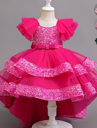  Barn Jente Festkjole Paljetter Ermeløs Bryllup Spesiell Leilighet Paljetter Rynket Glidelås Bedårende Søt Polyester Asymmetrisk Festkjole Tyllkjole Sommer Vår Høst 4-12 år Rosa Lilla Grønn