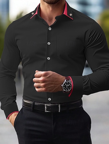  Hombre Camisa para Vestido Camisa con botones Resistente a las arrugas Elástico Boda Exterior Bleu Ciel Negro Blanco Manga Larga Verano Primavera Ropa