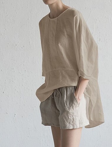  Femmes Chemise Chemisier Chemises en coton et lin Uni Moderne Occasionnel Demi Manches Col ras du cou Hauts Réguliers Quotidien Sortir Asymétrique Noir Blanche Bleu Kaki Gris Été