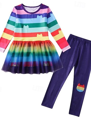  3-delig Kinderen Voor meisjes Streep Broek pak reeks Lange mouw Modieus Buiten 4 jaar + Zomer Regenboogset Regenboogset + haarband Zwart Wit Set+Haarband