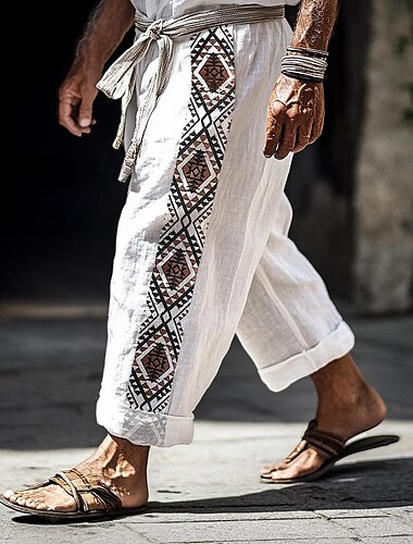  Hombre Pantalones de lino Pantalones Pantalones de verano Pantalones de playa Retazos Cintura elástica Pierna recta Geométrico Comodidad Transpirable Longitud total Casual Diario Festivos Vacaciones