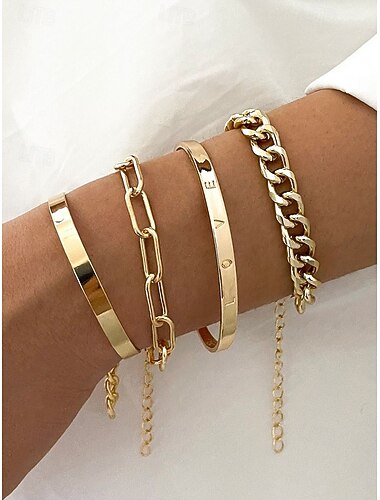  Conjunto de pulseras de cadena de oro para mujer: brazaletes minimalistas apilables, elegantes pulseras de eslabones y amor grabado, joyería de moda para fiestas y uso diario.