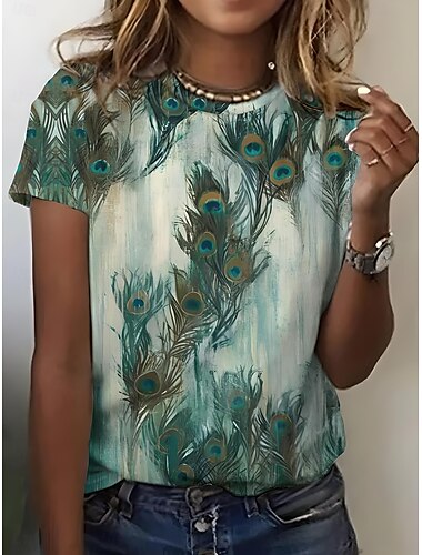  Damen T Shirt Ombre Grafik Feder Lässig Kurzarm Rundhals Normale Oberteile Täglich Ausgehen Wochenende Druck Gras-Grün Salbeigrün Weiß Gelb Dunkelgrün Sommer
