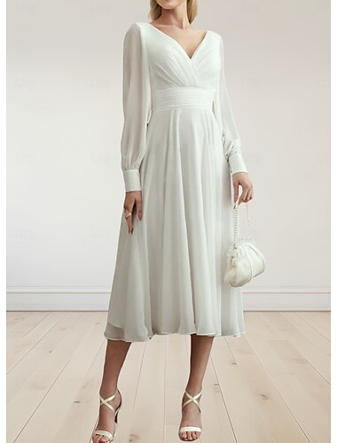  Verlobung Kleine Weiße Kleider Hochzeitskleider A-Linie V Ausschnitt Langarm Tee-Länge Chiffon Brautkleider Mit Gerafft 2025