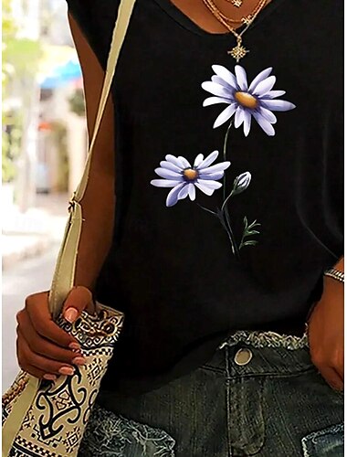  Damen Spaghetti-Top floral Grafik stilvoll lässig ärmellos V-Ausschnitt reguläre Tops täglicher Druck Schwarz Sommer