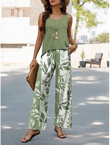  Damesbroeken Sets Vakantie Mode Dagelijks Mouwloos U-Hals Grafisch Geometrisch Casual Dagelijks Weekend Blauw Groen Khaki Zomer Regular Fit