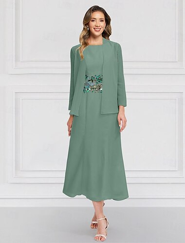  Blau Grün Blumenzweiteilige Kleid Sets Brautmutter Elegant Vintage Rundhalsausschnitt Knöchellang Chiffon Langärmel mit Spitze Stickerei Blume 2025