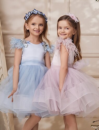  Vestido de Gala Hasta la Rodilla Vestido de Niña Florista Quinceañera Elsa congelada Niñas lindo vestido de fiesta Tul con Fruncido Estilo real tutú Ajuste 3-16 años