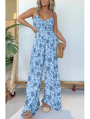  Mulheres Normal Macacão Roupa de rua Floral Alças Finas Decote V Imprimir Rua Diário Normal Rosa Azul Cáqui Verão