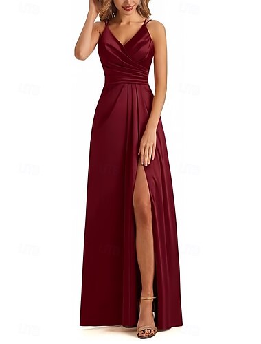  A-Linie Brautjungfernkleid V-Ausschnitt/Spaghettiträger ärmellos elegant bodenlang Satin mit Schlitz vorne/Rüschen 2025