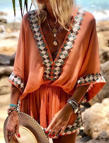  Damen Normal Kurz Jumpsuit Strassenmode Geometrisch 3/4 Ärmel Fledermaus Ärmel V Ausschnitt Bedruckt Täglich Ausgehen Regular Fit Rote Blau Orange Sommer
