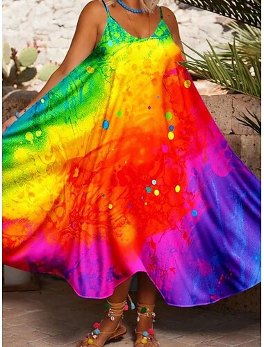  Women's Midi Dress Sundress Summer Dress Slip Dress Fit And Flare Dress Vacation Casual Boho Cold Shoulder Vacation Party Casual Oversized Floral Graphic Sleeveless Strap White Light Green Light