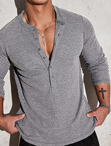  Homens Camiseta Botão Camiseta Camisa Henley Camisetas Manga Longa Henley Verão Primavera Tecido Moda Designer Básico Botões Férias Rua Para Noite Adamascado Azul Marinha Cinzento Claro Top Tee para