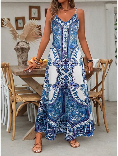  Maxikleid für Frauen A-Linie Kleid Unterkleid Urlaub Lässig Alltag Regulaere Passform Grafik Tribal Ärmellos V-Ausschnitt Rosa Blau Orange Sommer Frühling