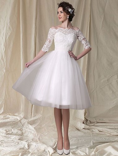  Φόρεμα Engagement Little White Γάμου A-Line Off Shoulder Μισό Μανίκι Κοντό Συνθετικό Σατέν Νυφικά Γαμήλια Φόρεμα Με Λωρίδα  Ρίγα Πτυχώσεις