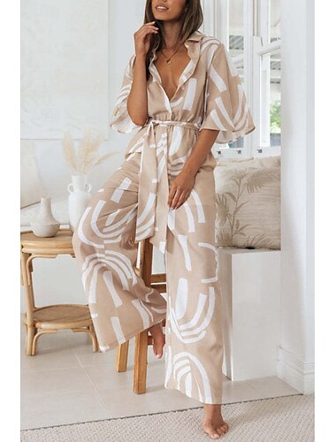  Dames Normaal Jumpsuit Stijlvol Bloemig Halve mouw Overhemdkraag Afdrukken Straat Feestdagen Normale pasvorm Khaki Zomer