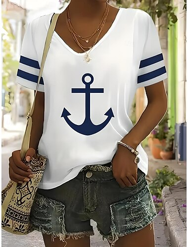  Pâques Femmes T-shirt Océan Rayé Occasionnel Manche Courte Col en V Hauts Réguliers Quotidien Sortir Week-end Imprimé Noir Blanche Rouge Bleu Vert Été