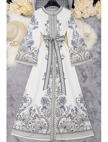  Γυναικεία Μίντι φόρεμα Φόρεμα Boho Μοντέρνα ΕΞΩΤΕΡΙΚΟΥ ΧΩΡΟΥ Αργίες Εξόδου Κανονικό Λουλούδι Μακρυμάνικο Στρογγυλή Ψηλή Λαιμόκοψη Λευκό Καλοκαίρι