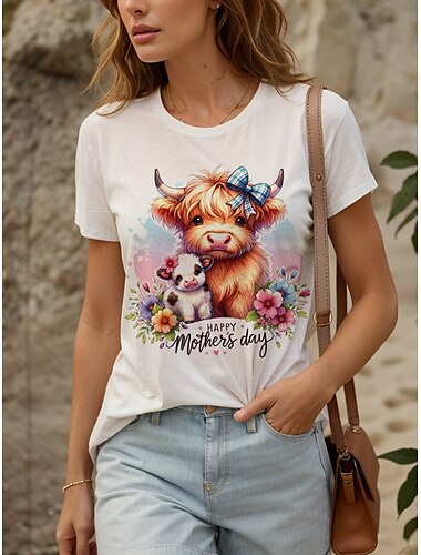  母の日 女性用 Tシャツ コットンシャツ フラワー お母さん グラフィック カジュアル 半袖 ラウンドネック レギュラートップス 日常 プリント ホワイト 夏
