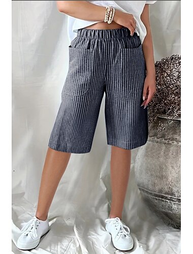  Women's Slacks Crop Streetwear Casual Knee Length Natural Striped Pocket Breathability Comfortable Micro-elastic Casual Daily Wear Navy Light Sky Blue Pink Summer Regular Fit