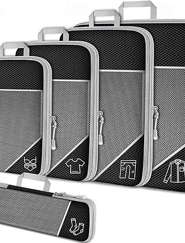  Ensemble de cubes de rangement de voyage à compression pour le rangement des bagages et l'organisateur de sac à dos, sacs de voyage en maille extensible, ensemble de 5 pièces pour économiser de