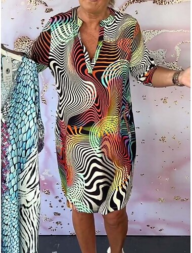  Damen Minikleid Shiftkleid Lässig Outdoor Normale Passform Grafik Ärmellos V Ausschnitt Blau Purpur Grün Sommer