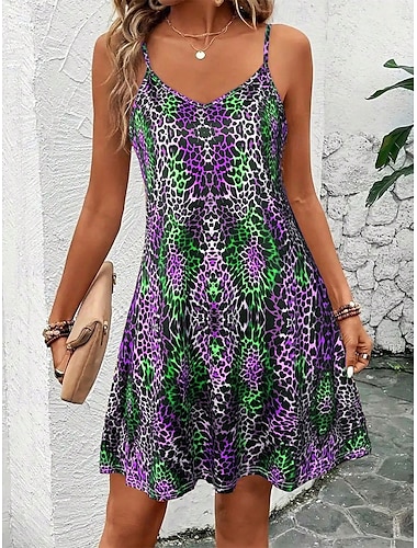  Damen Minikleid A Linie Kleid Unterkleid Schulterfreies Kleid Urlaub Lässig Urlaub Täglich Normale Passform Grafik Leopard Ärmellos V Ausschnitt Königliches Blau Blau Purpur Grün Sommer