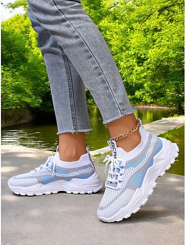  Atmungsaktive Flyknit Chunky-Sneaker für Damen – leichte Mesh-Schnürsportschuhe, stylische Freizeit-Sneaker zum Laufen und Gehen