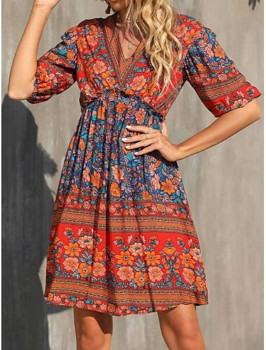  Femmes Mini Robe Robe trapèze Vacances Occasionnel Extérieur Sortir Coupe régulière Graphique Manche 3/4 Col en V Rouge Orange Abricot Été