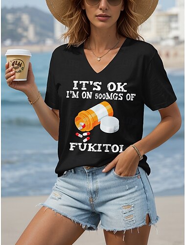  Damen T Shirt Grafik Buchstabe Lässig Kurzarm V Ausschnitt Normale Oberteile Täglich Druck Schwarz Staubiges Blau Grün Sommer Frühling