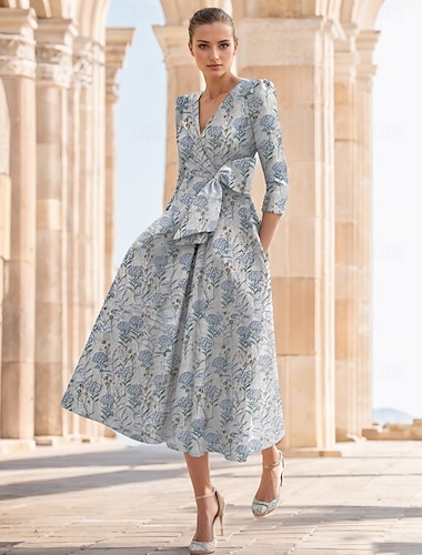  Blå Jacquard Blommande A-linjeformad Cocktailklänning Formell Elegant Bröllopsgäst Vintage V-urringning Ankel-längd Halv ärm med Båge(ër) Blommande Bröllopsgästklänning 2025