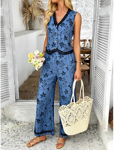  Dames 2 Delen Mode Streetwear Dagelijks Vest Broek Sets Mouwloos Crew Neck Bloem Patchwork Print Casual Dagelijks Legergroen Blauw Khaki Zomer Regular Fit