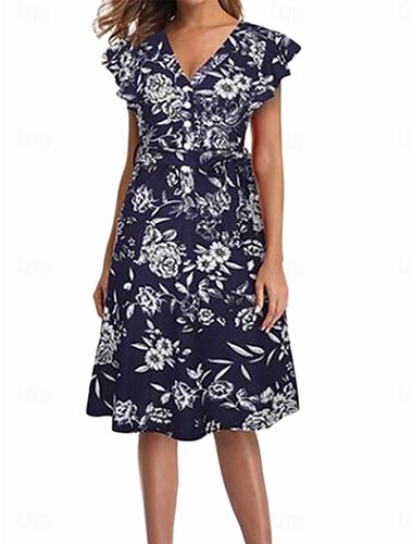  Damen Midikleid Figurbetontes Kleid Elegant Vintage Stilvoll Normale Passform Vintage Kurzarm V Ausschnitt Schwarz Dunkelblau Sommer Frühling