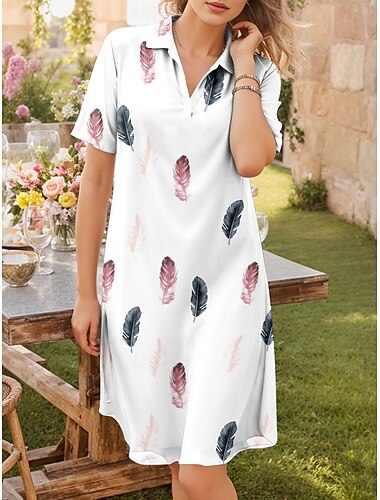  Robe chemise courte pour femme, robe trapèze, décontractée, pour les vacances, tous les jours, rendez-vous, coupe classique, graphique, manches courtes, col chemise, blanche, été, printemps