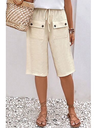  Mujer Pantalones de lino y algodón pantalones Cultivo Casual Longitud de la rodilla Cintura Media Plano Bolsillo Diseño de cordón elástico Confortable Al Aire Libre Ropa Cotidiana Noche Ocre Amarillo