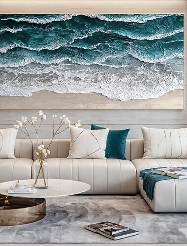  Pintura texturizada 3D pintada a mano sobre lienzo, pintura al óleo hecha a mano, pintura del océano, pintura de olas del mar, arte de pared, pintura, arte moderno para la decoración de la pared del