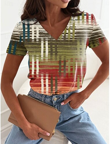  Dames T-shirt Grafisch Geometrisch Casual Korte mouw V-hals Normale tops Dagelijks Afdrukken Blozend Roze blauw Groen Zomer Lente