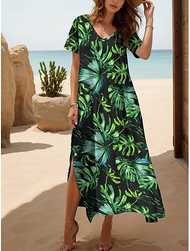  Damen Maxikleid Sommerkleid A Linie Kleid Urlaub Lässig Normale Passform Grafik Blatt Tropisch Kurzarm V Ausschnitt Grün Sommer Frühling