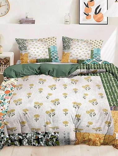  Floral Bettbezugset 100% Baumwolle Weiche und atmungsaktive Bettwäsche mit Patchworkblumen Leichter und langlebiger Bettbezug Komfortabel für alle Jahreszeiten Pflegeleicht