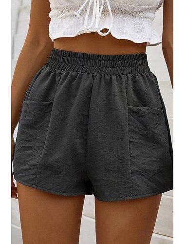  Damen Leinen-inspirierte Shorts Shorts Stoffhosen Streetwear Lässig Kurz Natürliche Taille Einfach Tasche Elastischer Bund Außenbereich Bequem Ausgehen Alltagstauglich Beige Armeegrün Dunkelgrau