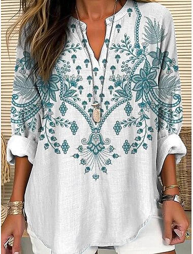  Dam Blus Blommig Grafisk Vintage Strandstil Långärmad V-hals Vanliga toppar Dagligen Helgdag Mönster Vit Rubinrött Marinblå Purpur Grön Sommar Vår