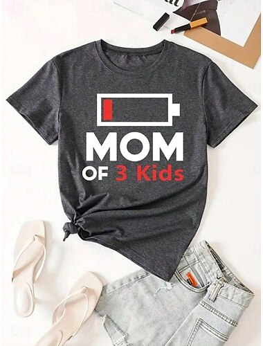  Muttertag Damen T Shirt Grafik Buchstabe Lässig Kurzarm Rundhalsausschnitt Rundhals Normale Oberteile Täglich Druck Schwarz und Grau Sommer Mom