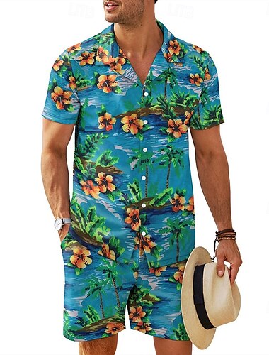  Herren Blumen 2St Hemden-Sets Sommeroberteile Kurzarm Kurze Hosen Umlegekragen Urlaub Heim Lässig Täglich 3D-Druck Sommer Rubinrot Hellgrün Grün