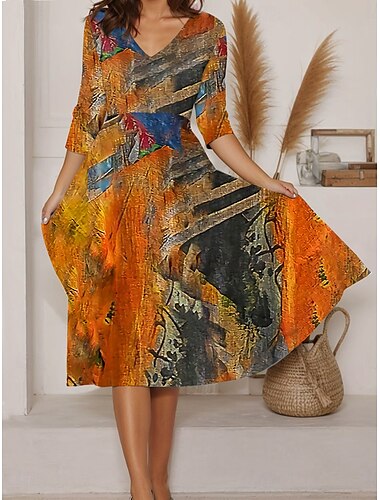  Dames Maxi Jurk A-lijn Jurk Zomer Jurk Vakantie Casual Dagelijks Regulair Fit Graphic Abstract Lange Mouw V Nek Blauw Paars Oranje Zomer