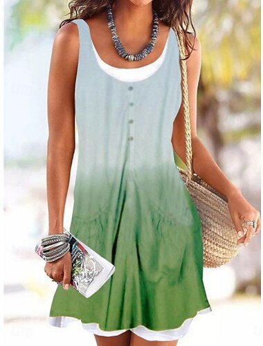  Dames Mini-jurk T shirt jurk Zonnejurk A lijn jurk Vakantie Casual Strandstijl Dagelijks Normale pasvorm Ombre Tie Dye Mouwloos U-hals blauw Groen Grijs Zomer